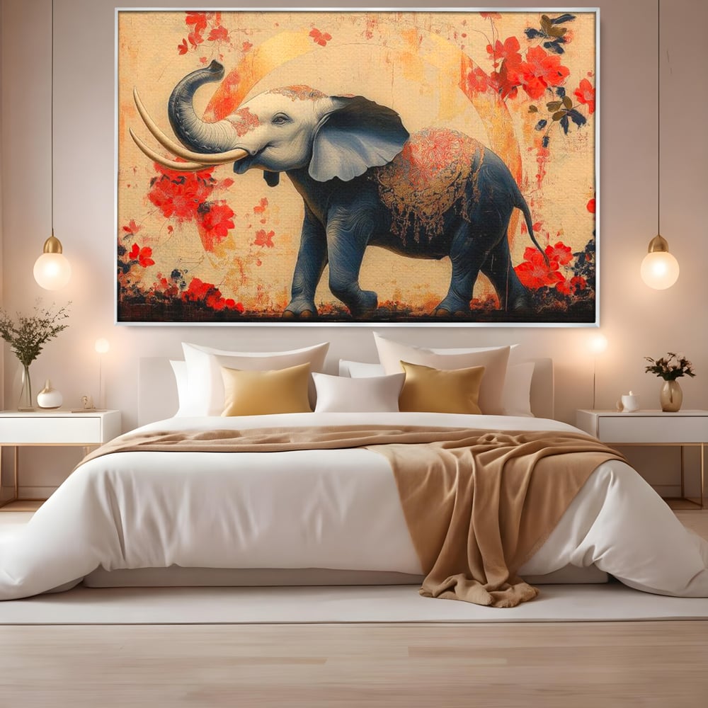 Tablou canvas cu tablou canvas cu elefant albastru, in rama de aluminiu argintiu, pe perete intr-un dormitor